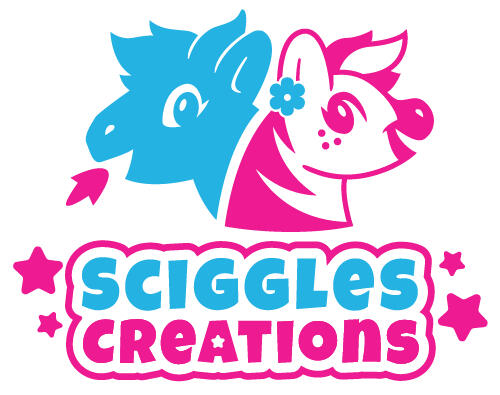The logo for Sciggles Creations! It features a rich, cyan blue Sciggles head breathing hot pink fire on the left and a hot pink Bubblegum Candy zebra-horse head with a rich, cyan blue flower on her ear on the right. The words "Sciggles Creations" are below