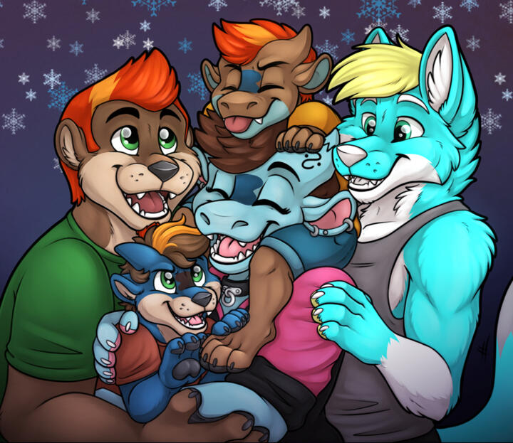 Pictured is Sciggles with her fmaily! She is in the middle with her husband on the left and her boyfriend on the right. Above her is one of her sons, and in her arms is her other son.